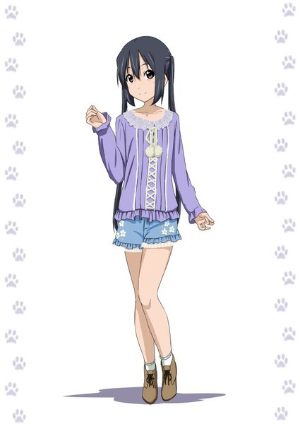Anime picture 743x1050 with k-on! kyoto animation nakano azusa oku no shi single long hair tall image looking at viewer black hair simple background white background twintails brown eyes girl skirt shoes