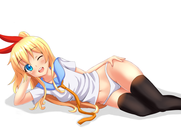 Anime picture 1600x1200 with nisekoi shaft (studio) kirisaki chitoge nottytiffy long hair blush breasts open mouth blue eyes light erotic blonde hair smile white background lying one eye closed wink bare belly hand on hip on side arm behind head