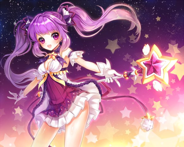 Anime picture 1100x880 with elsword aisha landar haruya (lajoon) single long hair looking at viewer blush open mouth twintails purple eyes purple hair girl dress gloves white gloves star (symbol)