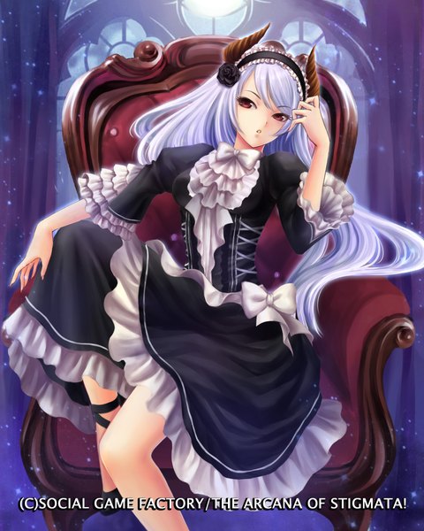 Anime picture 1600x2000 with original syrinxwell311 single long hair tall image looking at viewer red eyes sitting white hair horn (horns) girl dress bow frills headdress armchair