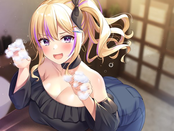 Anime picture 3000x2250 with original super nagoyaka single long hair looking at viewer blush fringe highres breasts open mouth light erotic blonde hair smile hair between eyes large breasts purple eyes bare shoulders payot :d multicolored hair