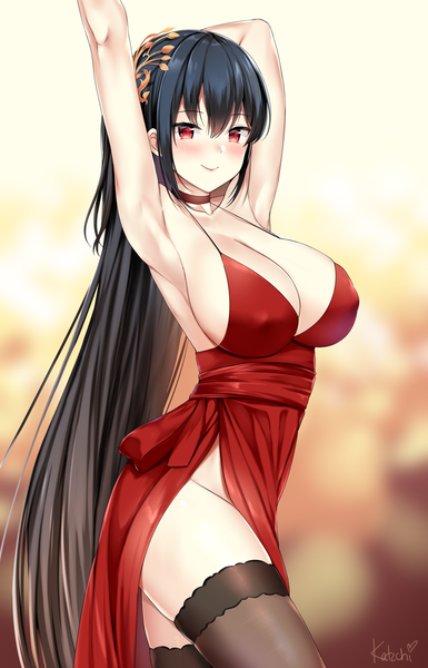 Anime picture 1052x1637 with azur lane taihou (azur lane) taihou (forbidden feast) (azur lane) kaetzchen single tall image looking at viewer blush fringe breasts light erotic black hair hair between eyes red eyes large breasts standing signed cleavage very long hair light smile