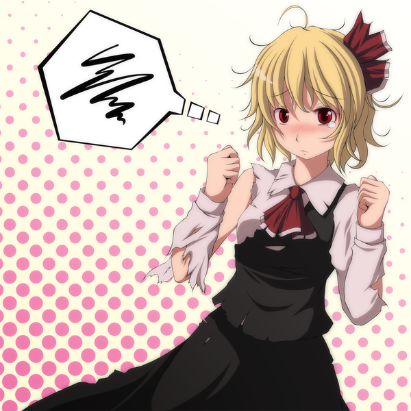 Anime picture 1500x1500 with touhou rumia s-syogo single blush short hair blonde hair simple background red eyes ahoge tears torn clothes polka dot polka dot background girl bow hair bow speech bubble