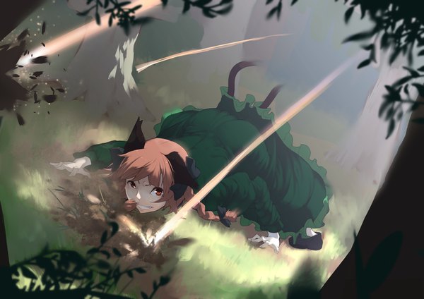 Anime picture 1403x992 with touhou kaenbyou rin mirukia single looking at viewer fringe red eyes animal ears ass outdoors red hair tail braid (braids) long sleeves animal tail blurry cat ears teeth cat girl cat tail