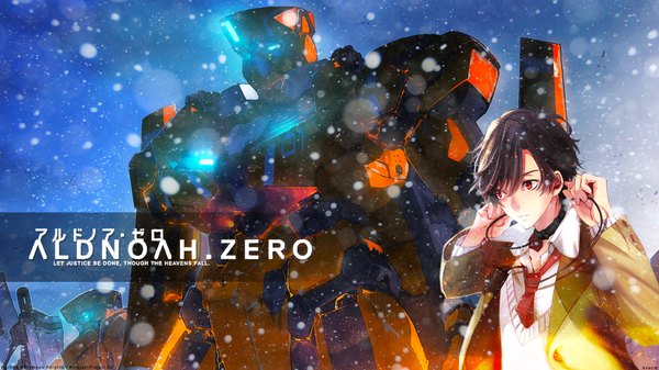 Anime picture 1920x1080 with aldnoah.zero a-1 pictures kaizuka inaho r u n a kvacm single fringe highres black hair red eyes wide image signed looking away wallpaper copyright name hieroglyph snowing open collar boy uniform