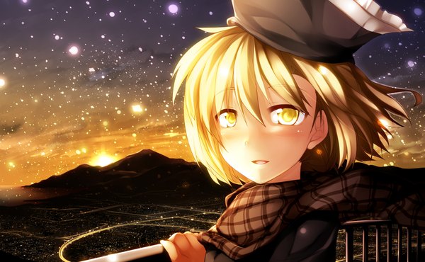 Anime picture 1779x1100 with touhou lunasa prismriver kazetto (kazetsuto) single looking at viewer blush highres short hair blonde hair wide image yellow eyes cloud (clouds) city evening snowing sunset girl scarf