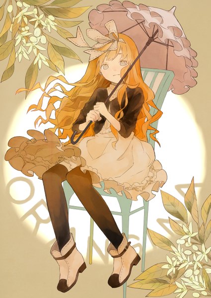 Anime picture 1003x1416 with original orangina wa (artist) single long hair tall image looking at viewer fringe sitting holding brown eyes wind orange hair inscription wavy hair girl thighhighs dress flower (flowers) ribbon (ribbons)