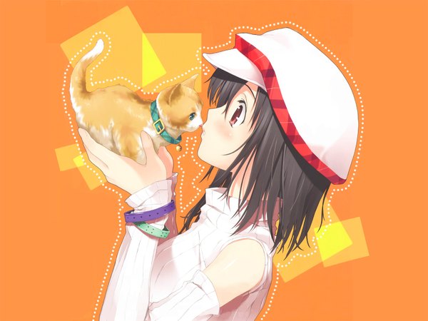 Anime picture 1600x1200 with original kantoku single blush short hair black hair simple background bare shoulders brown eyes profile wallpaper third-party edit kiss orange background girl hat detached sleeves animal bracelet cat