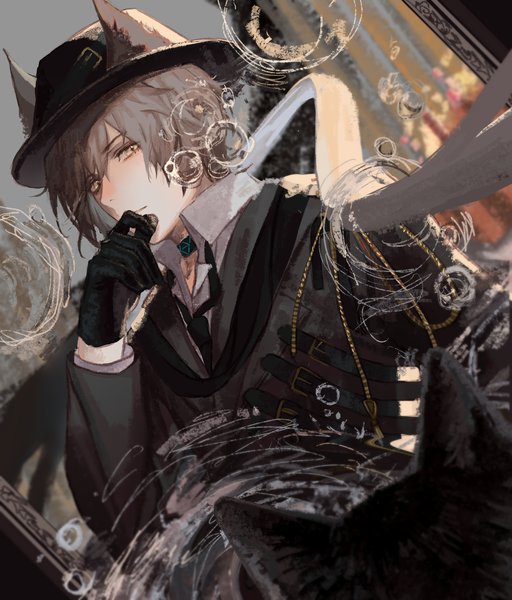 Anime picture 1145x1342 with arknights phantom (arknights) pinlin single tall image looking at viewer short hair brown hair animal ears yellow eyes upper body hand to mouth elite ii (arknights) boy gloves hat animal black gloves cat infection monitor (arknights)
