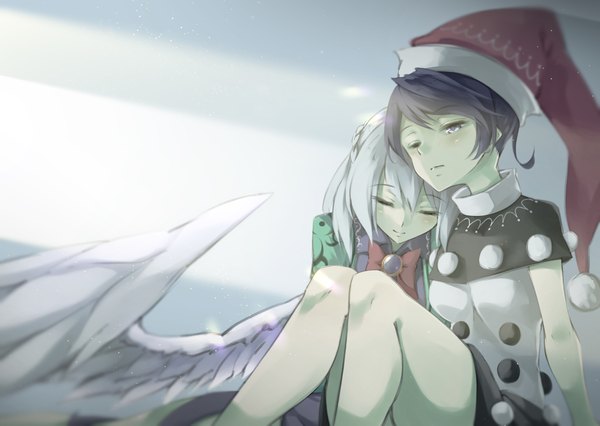 Anime picture 3100x2200 with touhou kishin sagume doremy sweet otomeza ryuseigun fringe highres short hair black hair hair between eyes multiple girls absurdres silver hair eyes closed one eye closed bare legs sleeping white wings head on another's shoulder girl 2 girls
