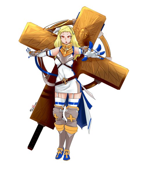 Anime picture 2500x3000 with dungeon and fighter caooll (co-ohol) single long hair tall image looking at viewer blush highres open mouth simple background blonde hair red eyes white background girl gloves elbow gloves belt garter straps halo