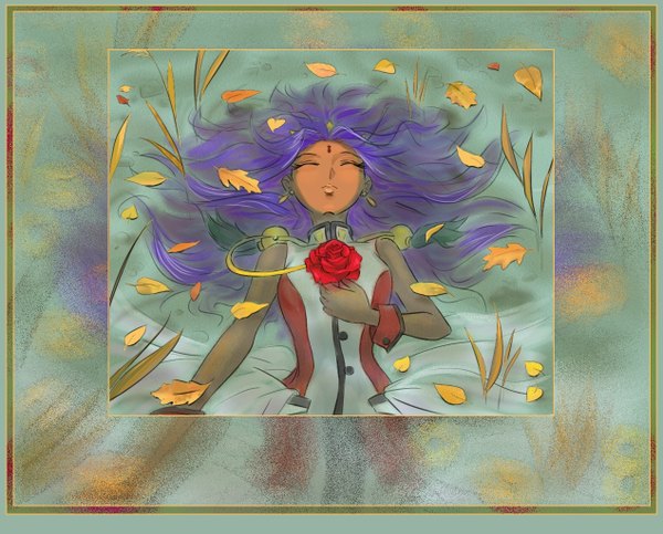 Anime picture 1270x1024 with revolutionary girl utena j.c. staff himemiya anthy long hair purple hair eyes closed sleeveless dark skin framed girl dress flower (flowers) petals water rose (roses) leaf (leaves)