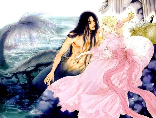 Anime picture 1400x1067 with evyione (manga) kim young hee (artist) short hair blue eyes black hair blonde hair purple eyes ponytail eyes closed profile couple reclining face to face girl dress boy navel bow ribbon (ribbons) hair ribbon