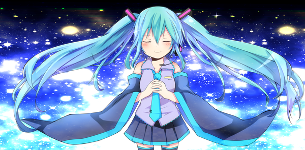 Anime picture 2399x1183 with vocaloid hatsune miku tosura-ayato single long hair blush highres smile wide image twintails eyes closed aqua hair girl skirt detached sleeves miniskirt necktie