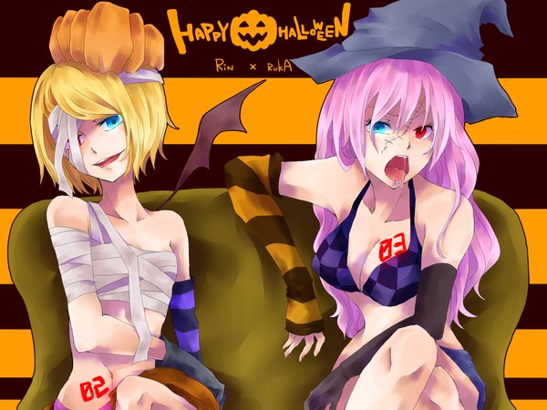 Anime picture 1600x1200 with vocaloid megurine luka kagamine rin rate-rt (artist) long hair short hair open mouth light erotic blonde hair multiple girls pink hair heterochromia scar striped halloween striped background happy halloween single wing girl 2 girls