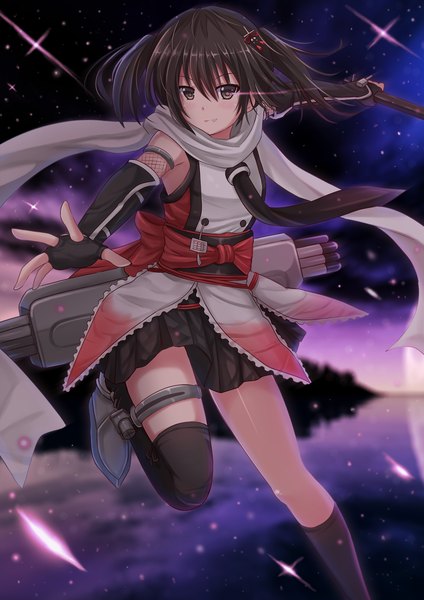 Anime picture 1200x1697 with kantai collection sendai light cruiser kazenokaze single long hair tall image looking at viewer black hair brown eyes two side up girl thighhighs skirt hair ornament weapon black thighhighs socks necktie scarf black socks