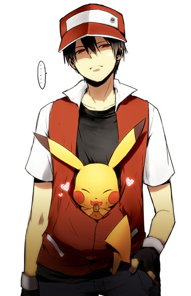 Anime picture 550x850 with pokemon nintendo pikachu red (pokemon) kl tall image looking at viewer short hair open mouth black hair simple background red eyes white background eyes closed lips shadow happy eating hand in pocket gen 1 pokemon