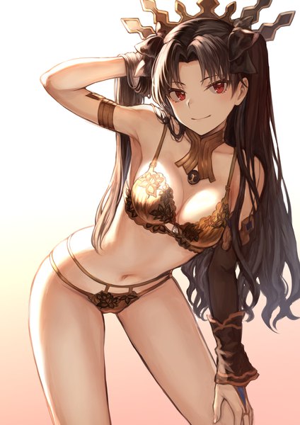 Anime picture 1302x1842 with fate (series) fate/grand order ishtar (fate) mashuu (neko no oyashiro) single long hair tall image looking at viewer blush fringe breasts light erotic black hair simple background red eyes standing cleavage light smile leaning two side up