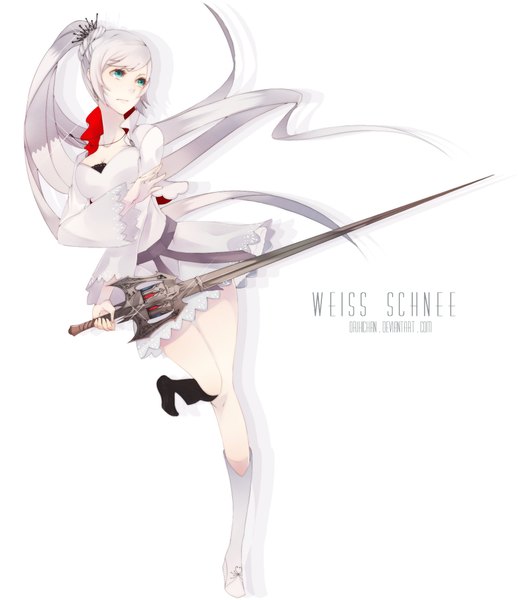 Anime picture 1744x2018 with rwby rooster teeth weiss schnee persona92 (orichie) single long hair tall image highres simple background white background signed silver hair ponytail aqua eyes shadow girl dress weapon sword white dress