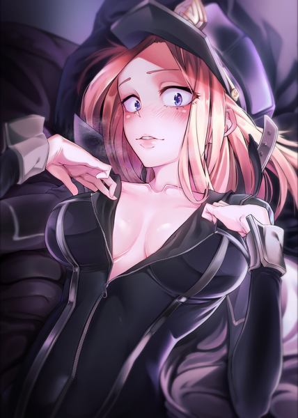 Anime picture 1785x2500 with boku no hero academia utsushimi kemii kidmukuro single tall image looking at viewer blush fringe highres short hair breasts blue eyes light erotic blonde hair large breasts cleavage upper body lying parted lips on back