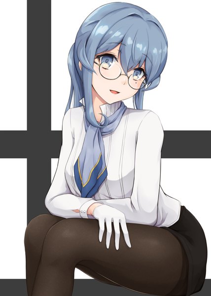 Anime picture 1400x1960 with kantai collection gotland (kantai collection) kodama (user rnfr3534) single long hair tall image looking at viewer blush fringe breasts open mouth blue eyes simple background hair between eyes white background sitting payot blue hair bent knee (knees) ponytail
