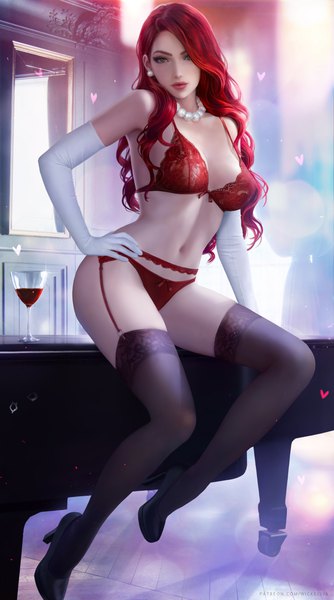 Anime picture 3900x7000 with league of legends miss fortune (league of legends) wickellia single long hair tall image looking at viewer fringe highres breasts light erotic large breasts sitting green eyes absurdres bent knee (knees) red hair lips realistic sparkle
