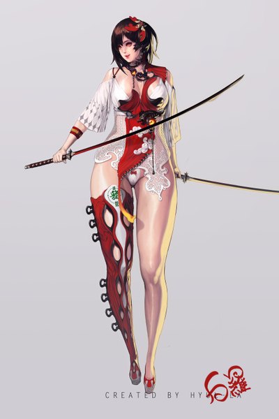 Anime picture 2000x3000 with nightmadness single tall image highres short hair light erotic black hair simple background red eyes looking away walking purple background thick thighs girl weapon sword katana