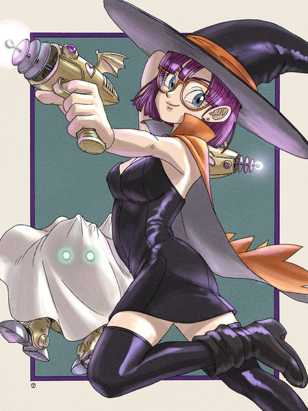 Anime picture 1536x2048 with chrono trigger lucca ashtear robo (chrono trigger) yuto sakurai single tall image looking at viewer short hair breasts blue eyes smile holding purple hair sleeveless halloween dual wielding girl thighhighs dress weapon