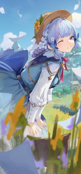 Anime picture 1800x3835 with genshin impact kamisato ayaka kamisato ayaka (springbloom missive) leviathan (hikinito0902) single long hair tall image looking at viewer blush fringe highres breasts blue eyes smile blue hair sky cloud (clouds) outdoors blunt bangs braid (braids)