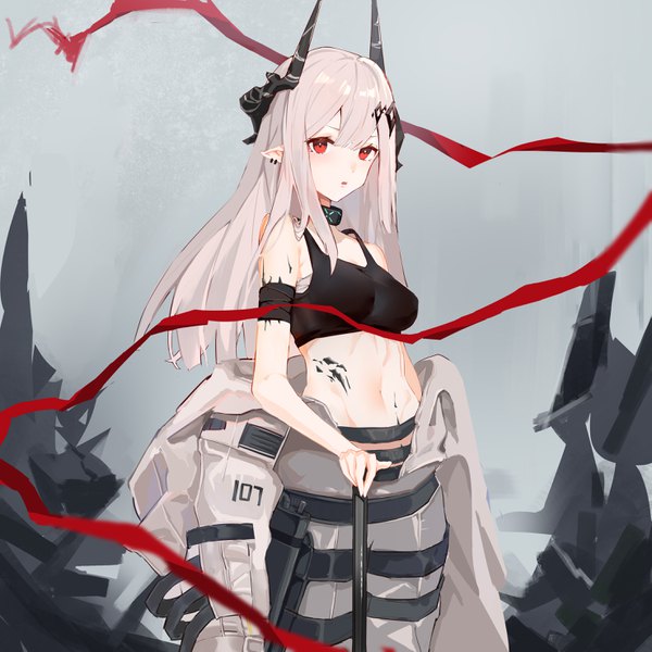 Anime picture 2953x2953 with arknights mudrock (arknights) chenmu sora single long hair looking at viewer blush fringe highres breasts open mouth hair between eyes red eyes standing bare shoulders cleavage silver hair horn (horns) pointy ears bare belly