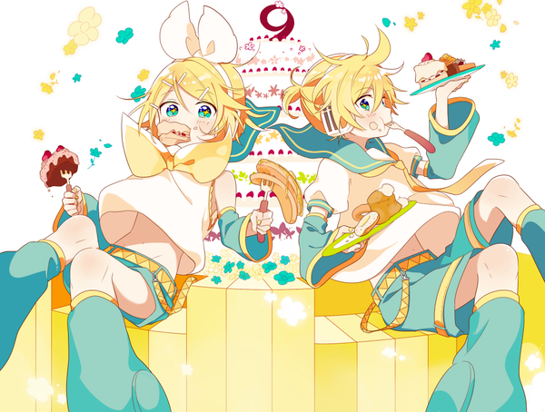 Anime picture 1000x757 with vocaloid kagamine rin kagamine len 4 (nakajima4423) looking at viewer short hair blonde hair ponytail aqua eyes siblings twins sailor collar food in mouth brother and sister food on face girl boy ribbon (ribbons) hair ribbon detached sleeves