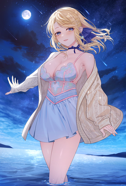 Anime picture 1289x1900 with original dega1028 single tall image looking at viewer blush short hair breasts open mouth blue eyes light erotic blonde hair smile standing outdoors long sleeves :d off shoulder night open clothes