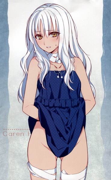 Anime picture 3484x5651 with fate (series) fate/hollow ataraxia type-moon caren hortensia morii shizuki long hair tall image blush highres open mouth light erotic yellow eyes absurdres white hair scan girl sundress