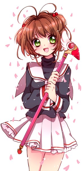 Anime picture 550x1119 with card captor sakura clamp kinomoto sakura ume (pixiv624546) single tall image looking at viewer blush short hair open mouth simple background smile brown hair white background green eyes ahoge :d two side up girl uniform