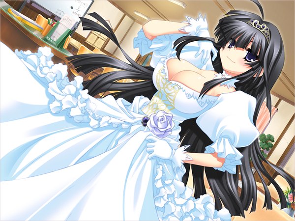 Anime picture 1024x768 with green strawberry long hair breasts light erotic black hair smile large breasts purple eyes game cg cleavage ahoge girl dress gloves flower (flowers) tiara wedding dress