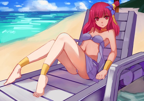 Anime picture 1180x831 with magi the labyrinth of magic a-1 pictures morgiana alvein6 single long hair looking at viewer breasts light erotic red eyes red hair barefoot hair flower bare legs pantyshot legs girl navel hair ornament underwear