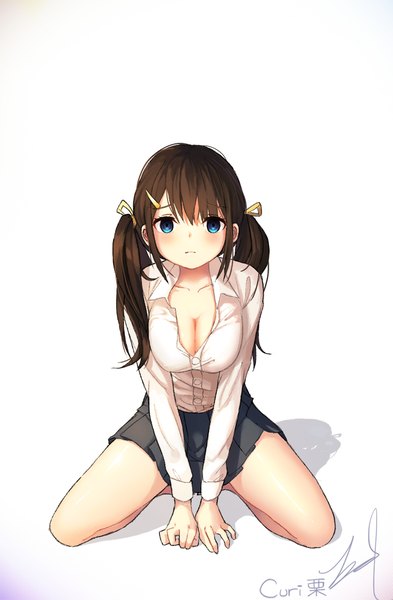 Anime picture 720x1097 with original kuri choko single long hair tall image looking at viewer blush fringe breasts blue eyes light erotic hair between eyes brown hair large breasts twintails signed cleavage pleated skirt arm support shadow