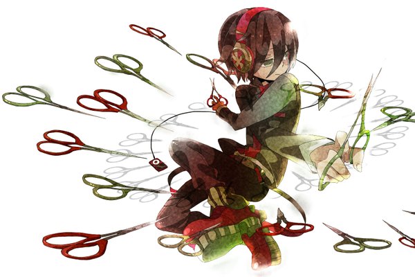 Anime picture 1500x1000 with original ipod maple (cyakapon) short hair simple background brown hair white background green eyes boy shoes headphones scissors