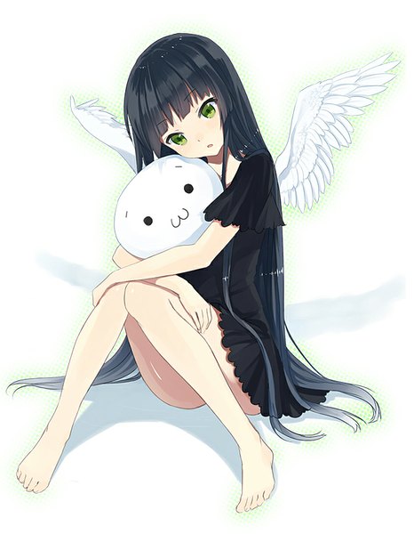Anime picture 700x900 with original kurasawa moko long hair tall image looking at viewer open mouth light erotic black hair sitting green eyes bent knee (knees) head tilt barefoot bare legs no shoes hug crossed arms angel wings :3 white wings