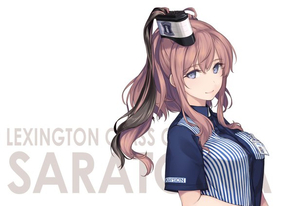 Anime picture 1169x827 with kantai collection lawson saratoga (kantai collection) rokuwata tomoe single long hair looking at viewer fringe blue eyes simple background hair between eyes brown hair white background upper body ponytail light smile character names girl uniform employee uniform