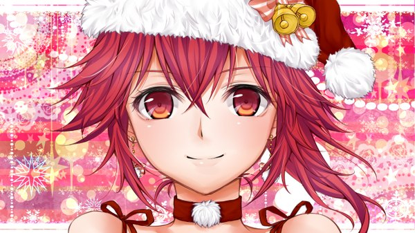 Anime picture 1280x720 with vocaloid cul masami chie single looking at viewer short hair smile red eyes wide image red hair fur trim christmas girl earrings fur bell santa claus hat