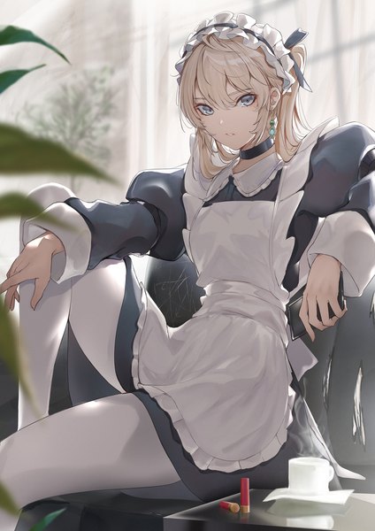 Anime picture 1302x1841 with original marumoru single long hair tall image looking at viewer fringe blonde hair hair between eyes sitting twintails holding bent knee (knees) indoors long sleeves parted lips blurry maid grey eyes puffy sleeves