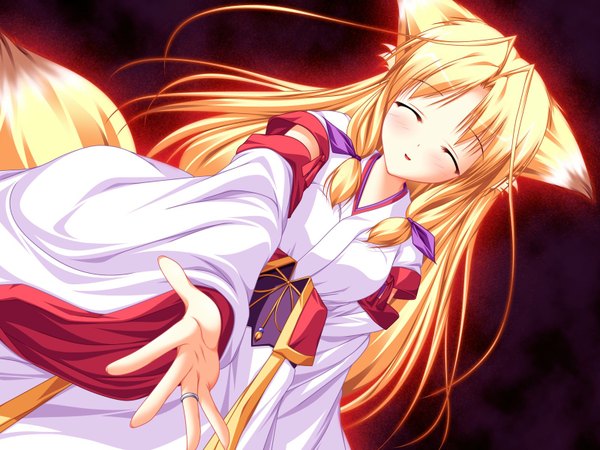 Anime picture 1600x1200 with single long hair blonde hair animal ears tail eyes closed animal tail outstretched arm girl ring