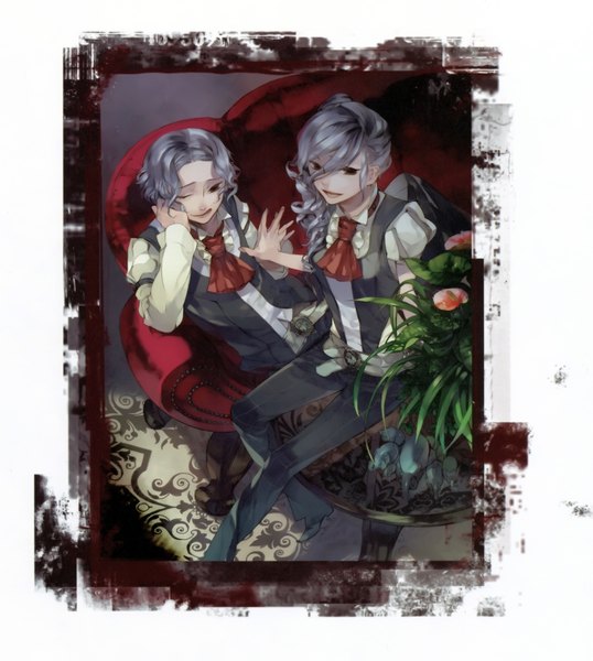 Anime picture 2719x3030 with kazuaki long hair tall image highres short hair sitting brown eyes silver hair couple holding hands drill hair reclining girl boy plant (plants) shirt belt pants couch neckerchief