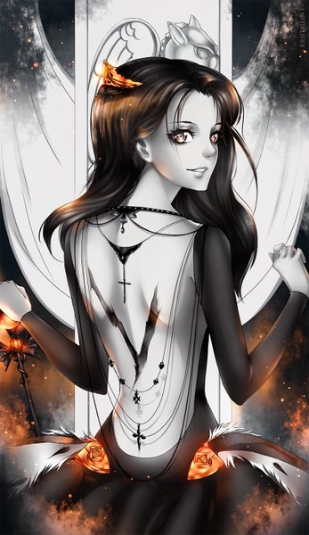 Anime picture 834x1440 with original kristallin-f (artist) single long hair tall image looking at viewer black hair smile looking back from behind black eyes back girl dress hair ornament pendant