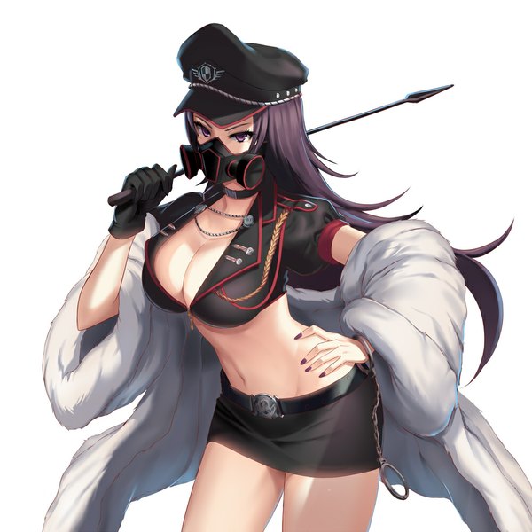 Anime picture 1000x1000 with original zeroshiki kouichi single long hair breasts light erotic black hair simple background white background purple eyes cleavage midriff girl skirt gloves navel miniskirt black gloves peaked cap handcuffs