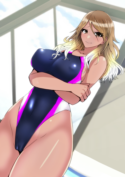 Anime picture 1062x1500 with idolmaster idolmaster shiny colors izumi mei koujun (mugenzero) single long hair tall image looking at viewer blush fringe breasts light erotic blonde hair smile hair between eyes brown hair large breasts standing brown eyes sky