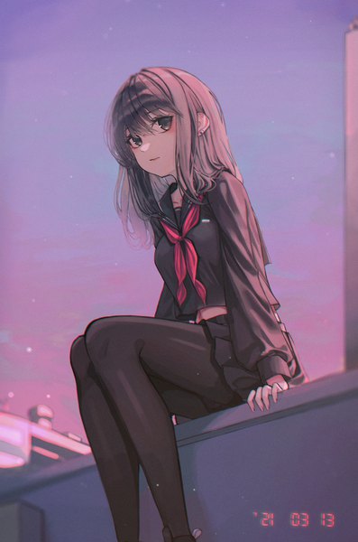 Anime picture 3822x5776 with original domi (hyaku8795) single long hair tall image looking at viewer fringe highres black hair hair between eyes sitting absurdres sky outdoors long sleeves black eyes arm support dated anaglyph girl