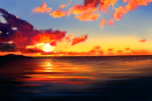 Anime picture 1000x666 with original peko (akibakeisena) sky cloud (clouds) evening sunset horizon landscape sea sun