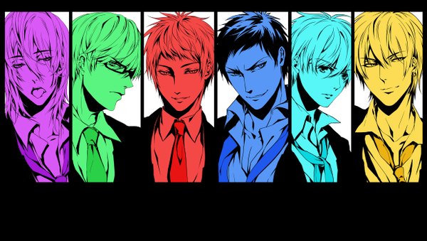 Anime picture 2472x1400 with kuroko no basket production i.g kuroko tetsuya kise ryouta aomine daiki akashi seijuurou midorima shintarou murasakibara atsushi tagme (artist) looking at viewer highres short hair open mouth wide image light smile multiple boys multiview open collar 6+ boys column lineup